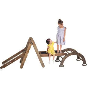 4in1 Montessori Climbing Set: Triangle Ladder   Arch/Rocker   Slide Board/Ramp   Net – Chocolate