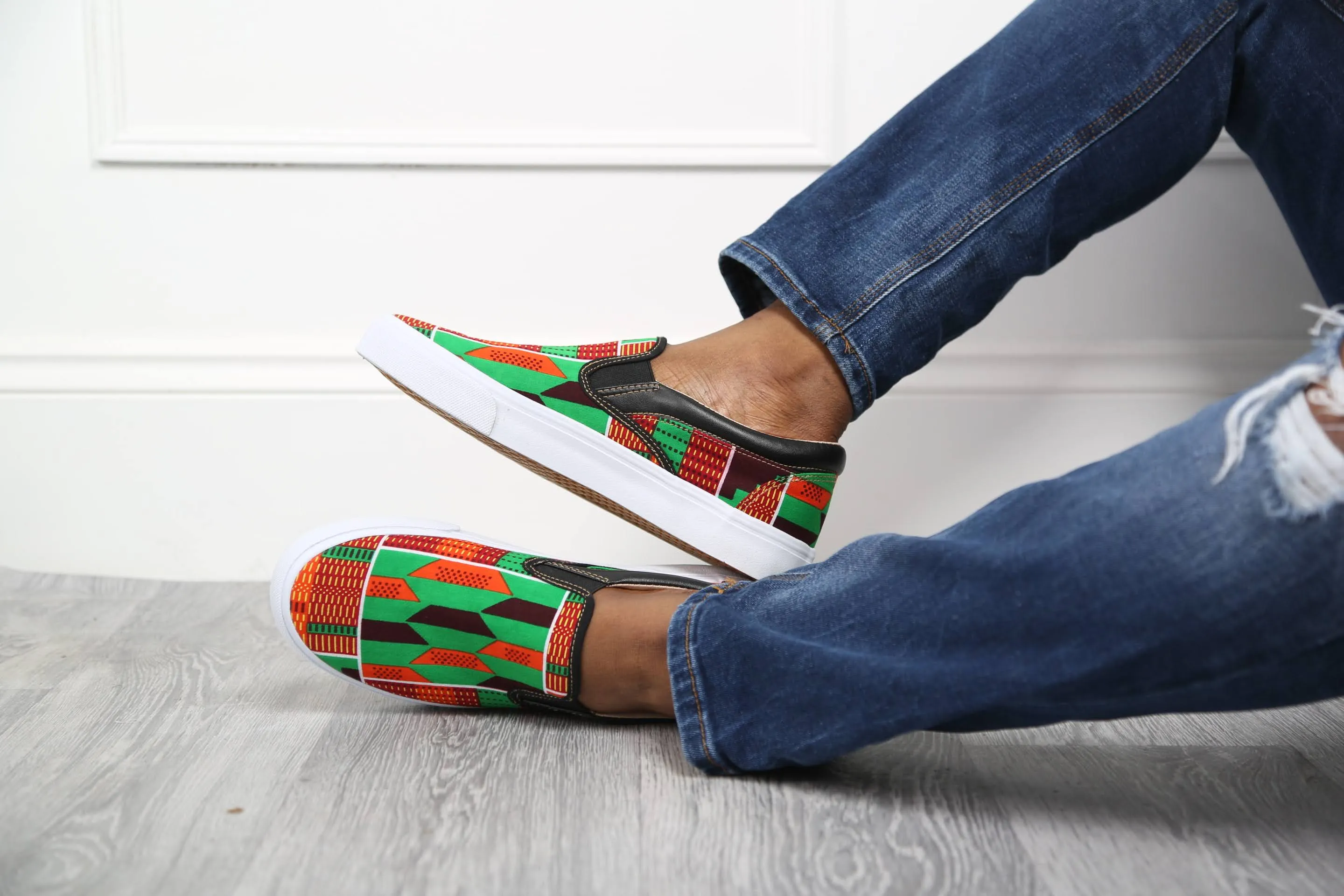 African Print Slip On Sneakers | LAVIYE Green Kente Sneakers - ACCRA