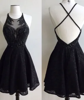 Black lace beaded short prom dress, cute black homecoming dress