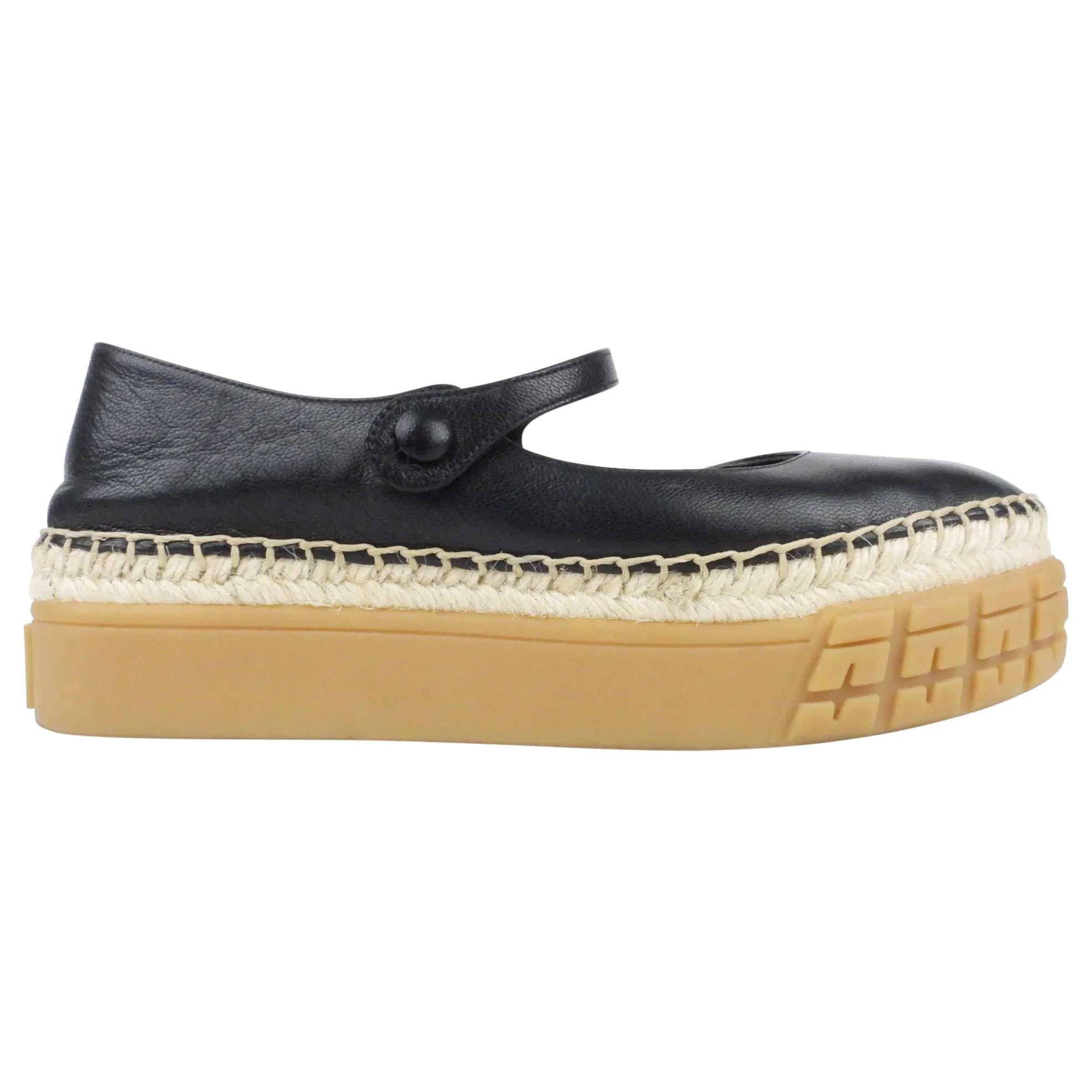 Prada Black Leather Mary Jane Espadrille Platform Shoes - 36 / 6