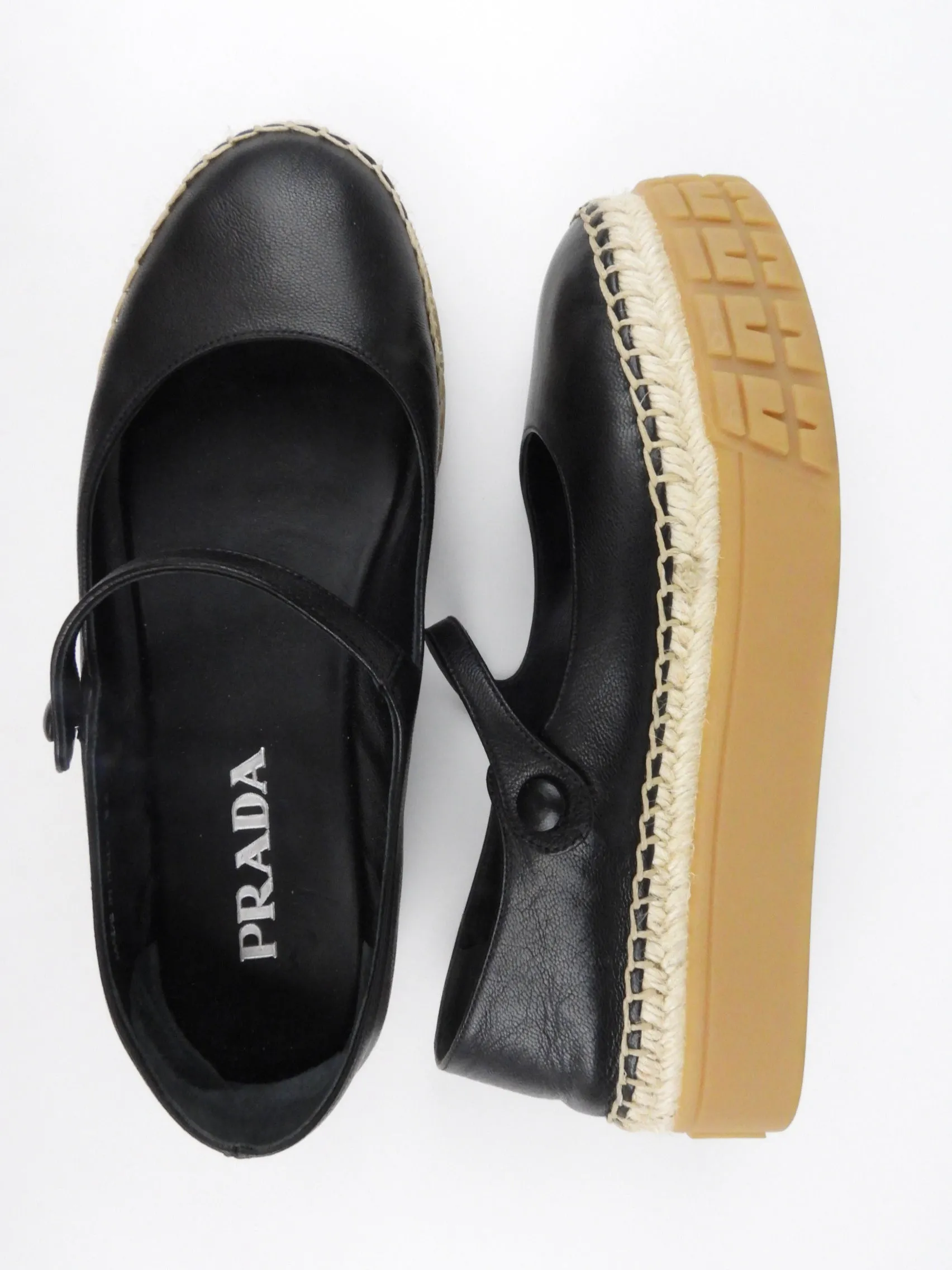 Prada Black Leather Mary Jane Espadrille Platform Shoes - 36 / 6