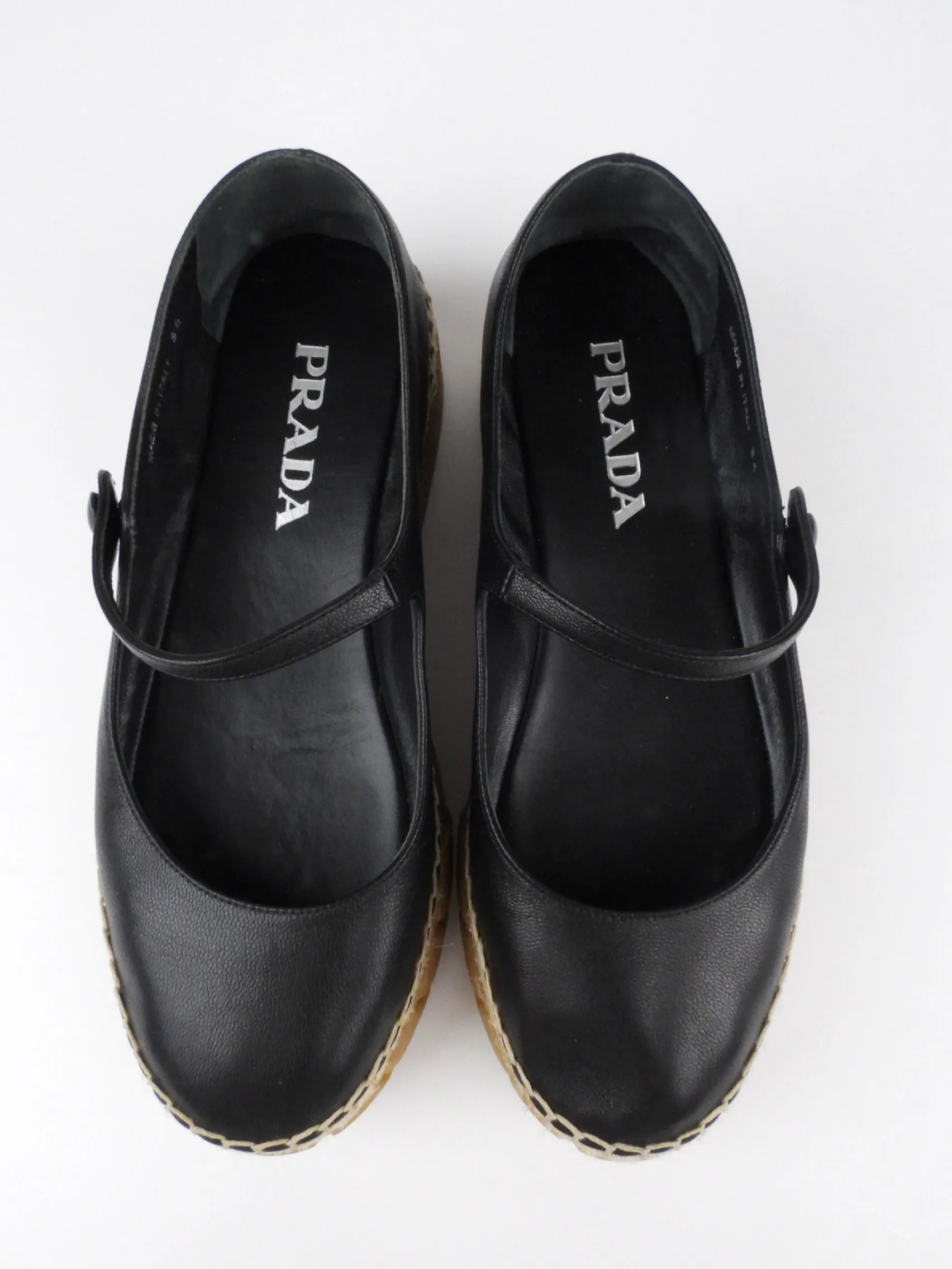 Prada Black Leather Mary Jane Espadrille Platform Shoes - 36 / 6