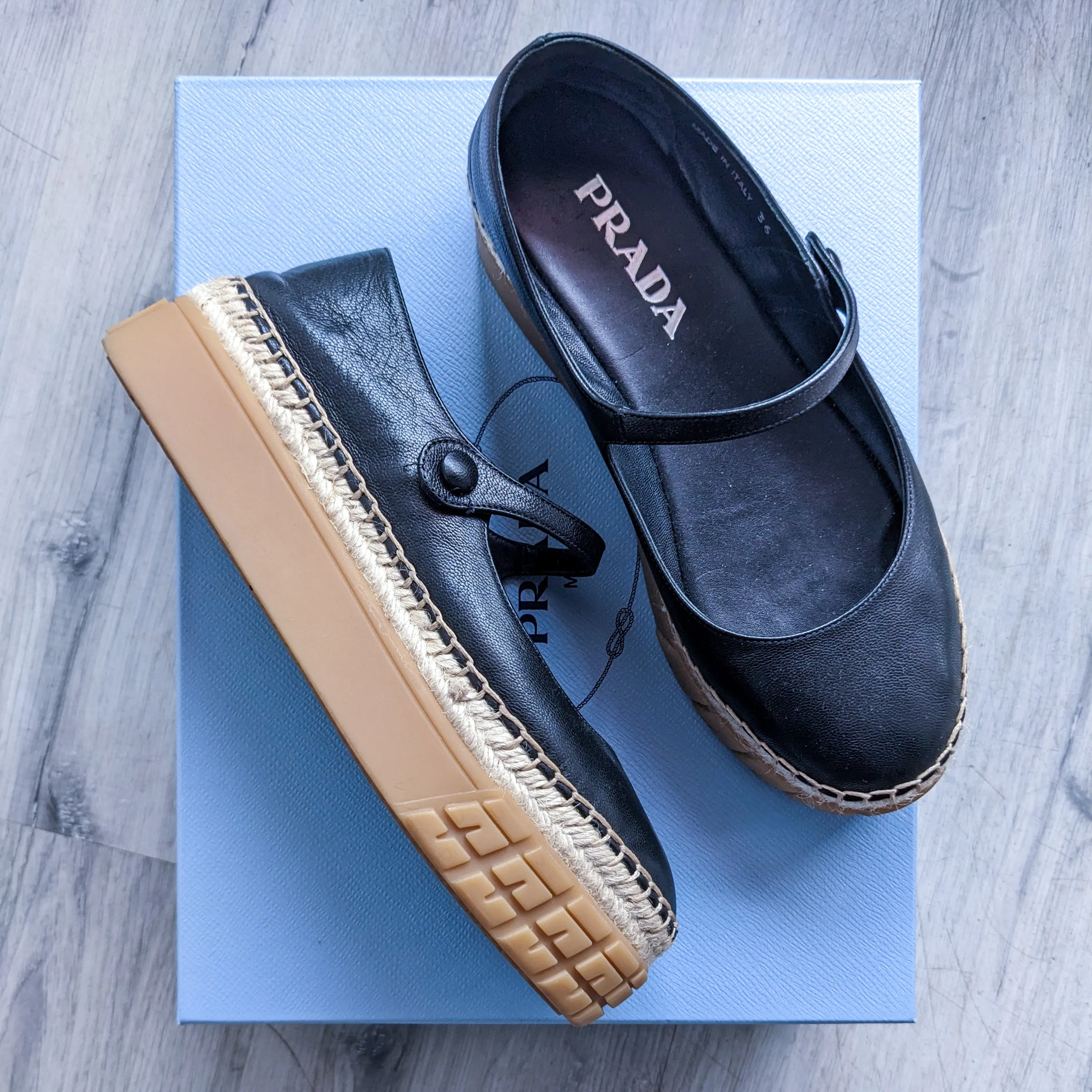 Prada Black Leather Mary Jane Espadrille Platform Shoes - 36 / 6