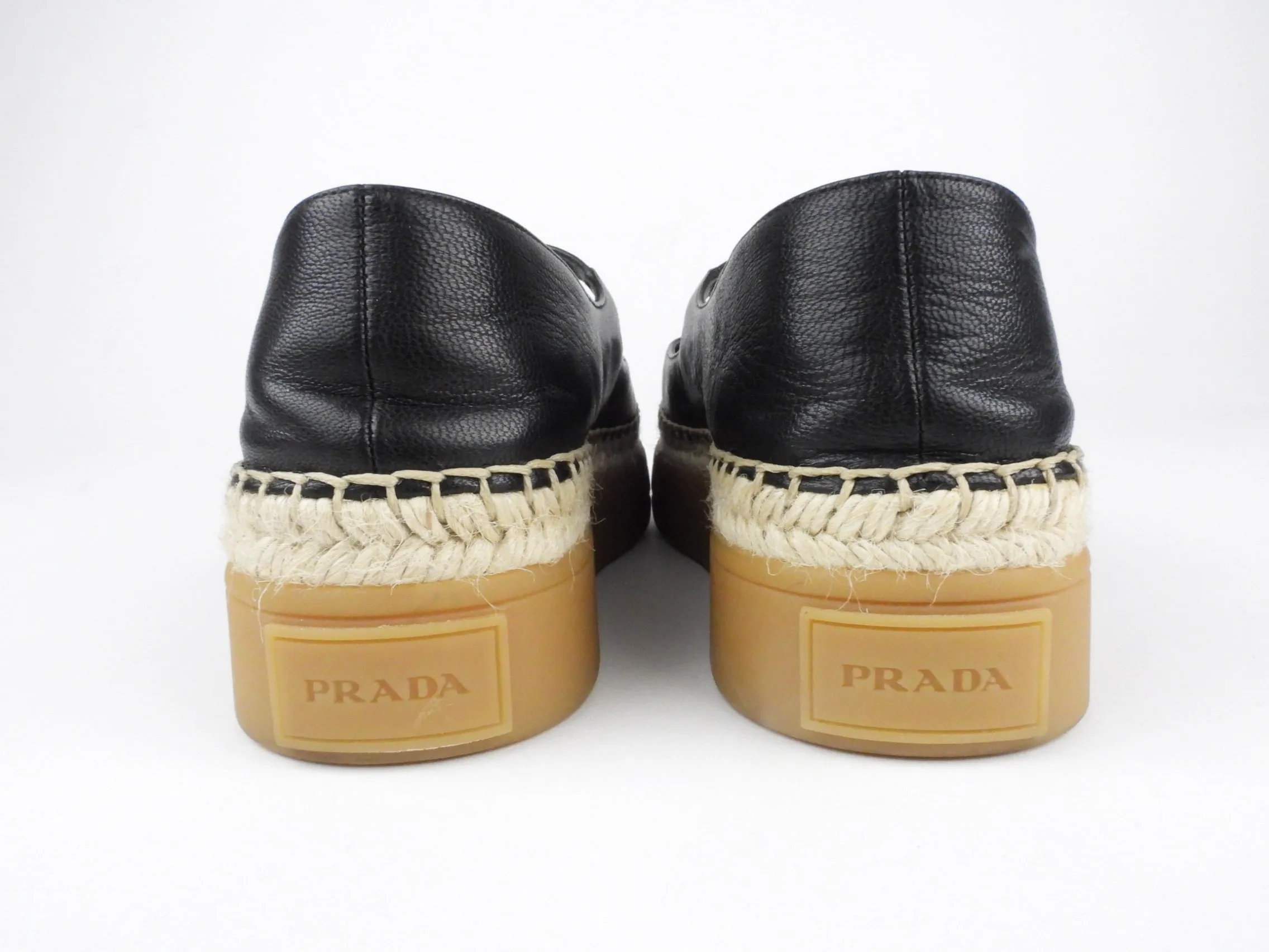 Prada Black Leather Mary Jane Espadrille Platform Shoes - 36 / 6