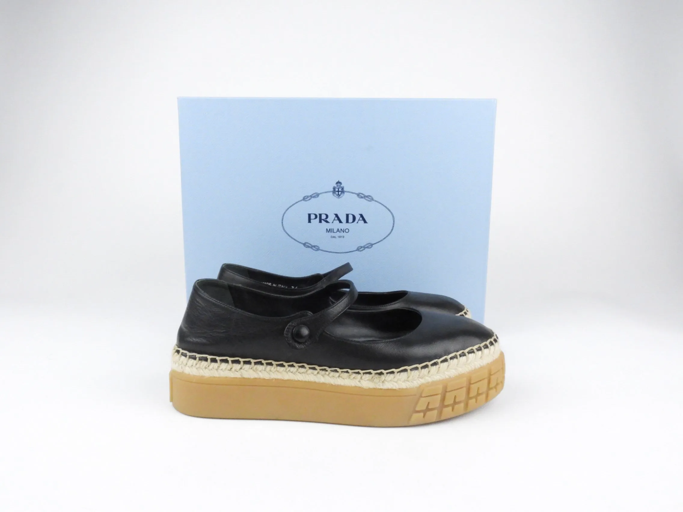 Prada Black Leather Mary Jane Espadrille Platform Shoes - 36 / 6