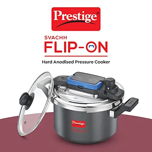 Prestige Svachh Flip-on Hard Anodised Spillage Control Pressure Cooker with Glass Lid, 5 Litre (Black)