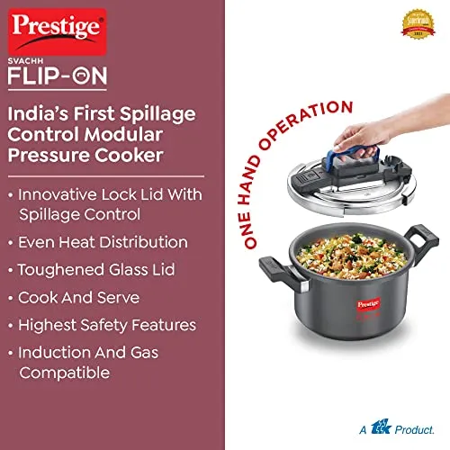 Prestige Svachh Flip-on Hard Anodised Spillage Control Pressure Cooker with Glass Lid, 5 Litre (Black)