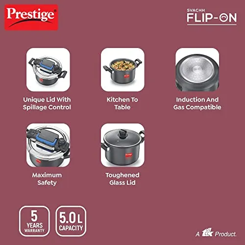 Prestige Svachh Flip-on Hard Anodised Spillage Control Pressure Cooker with Glass Lid, 5 Litre (Black)