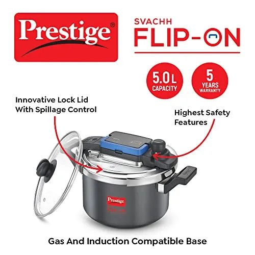 Prestige Svachh Flip-on Hard Anodised Spillage Control Pressure Cooker with Glass Lid, 5 Litre (Black)