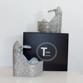 Silver Shimmer Platform Sandals High Heel Wedges