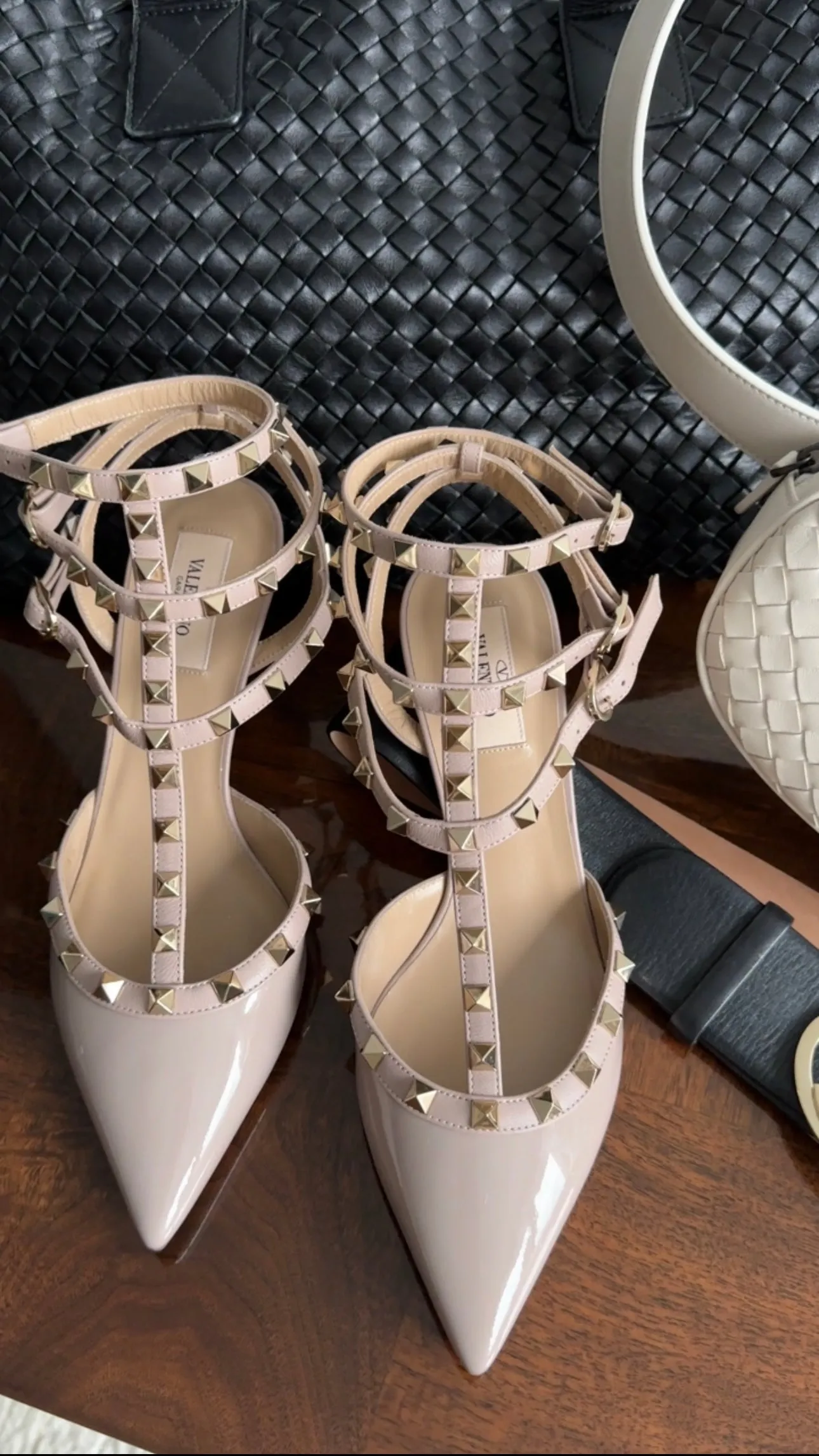 Valentino Rock Stud Patent Beige Taupe Cage Heels - 39 / 8